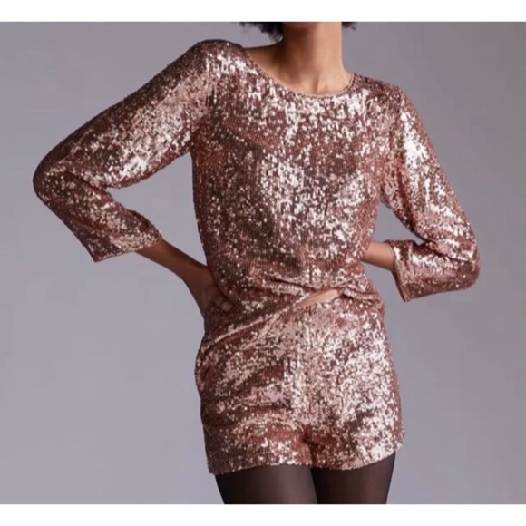 NEW ANTHROPOLOGIE Pink Sequined Short Set - Picture 1 of 2